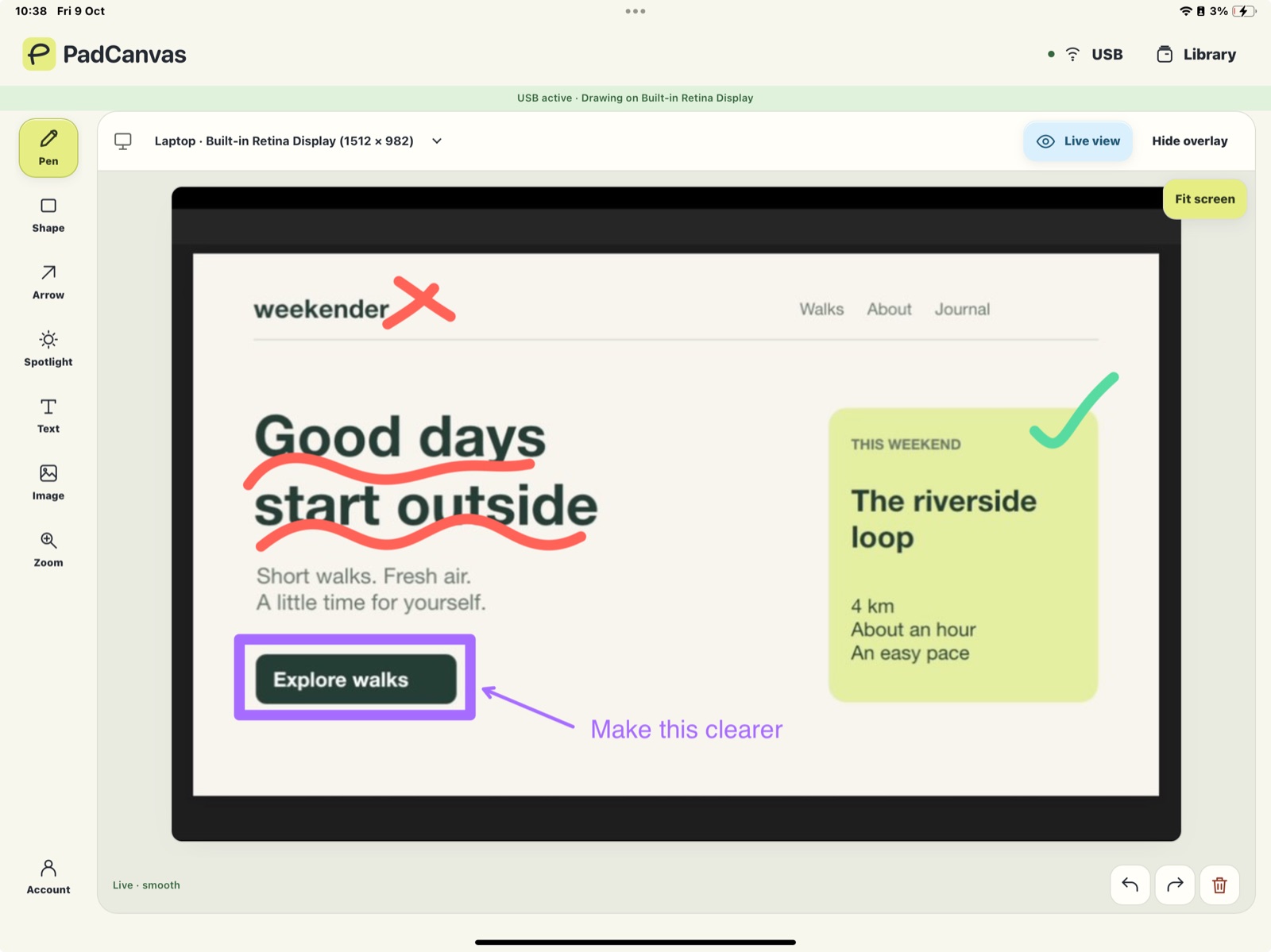 PadCanvas on an iPad showing a live Mac website with handwritten underlines, an arrow and a box around a button.