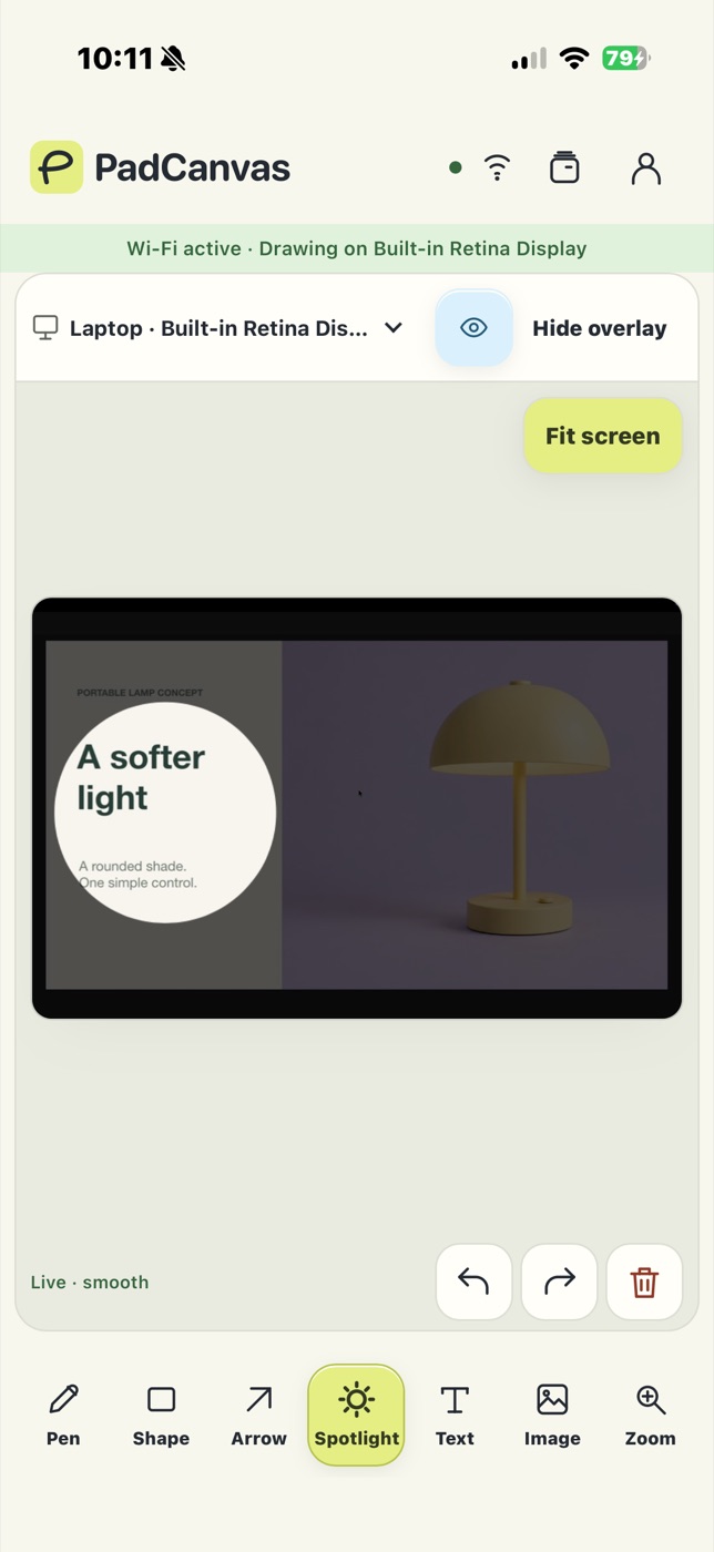 The PadCanvas iPhone companion with the Spotlight tool selected, highlighting part of a presentation.